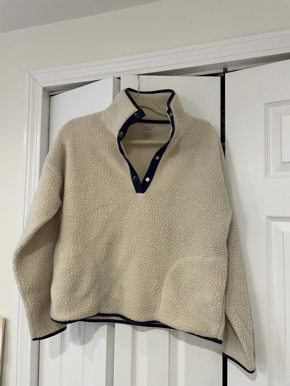 J. Crew Cream Vintage Fleece Pullover with Navy Trim